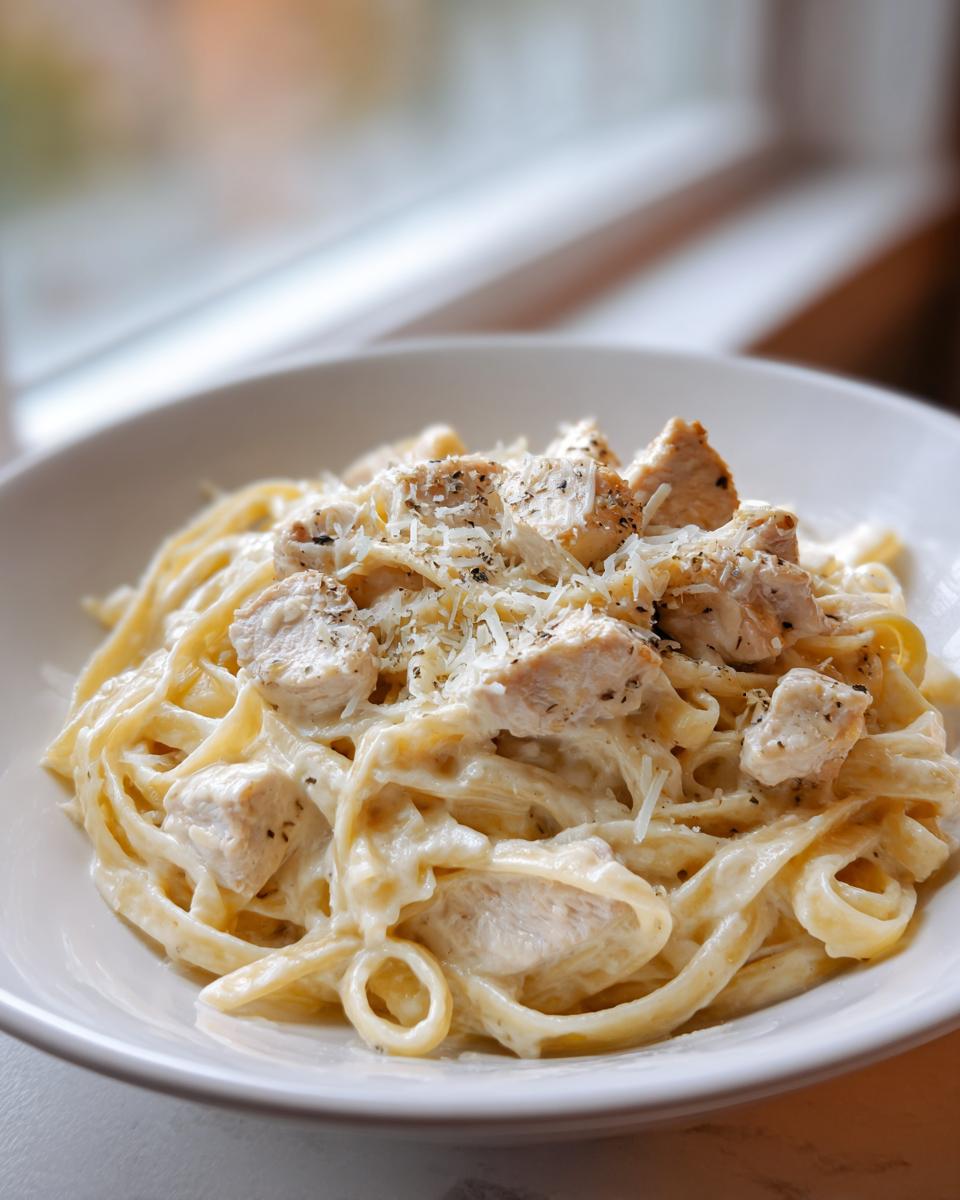 A close-up of a bowl filled with creamy chicken fettuccine alfredo, topped with grated Parmesan cheese and black pepper.