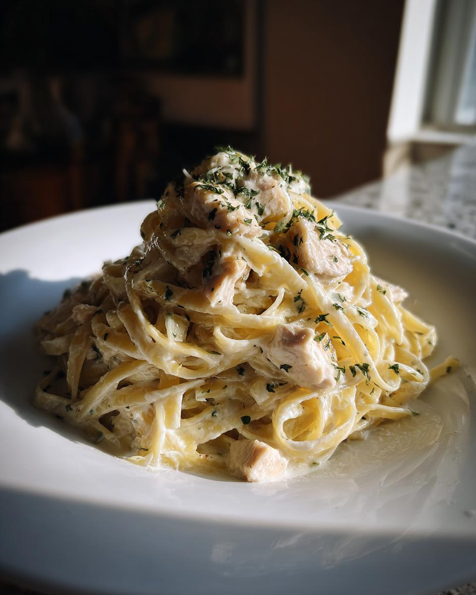 A close-up of a generous serving of creamy chicken fettuccine alfredo, topped with fresh parsley.