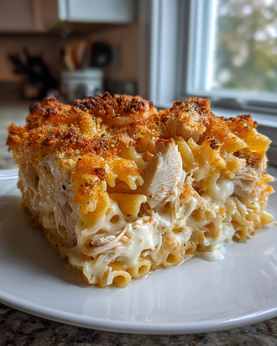 A generous slice of creamy chicken noodle casserole featuring pasta, shredded chicken, melted cheese, and a golden brown crunchy topping.