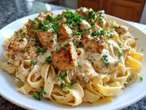 Close-up of creamy chicken pasta featuring fettuccine noodles, seared chicken pieces, and fresh parsley.