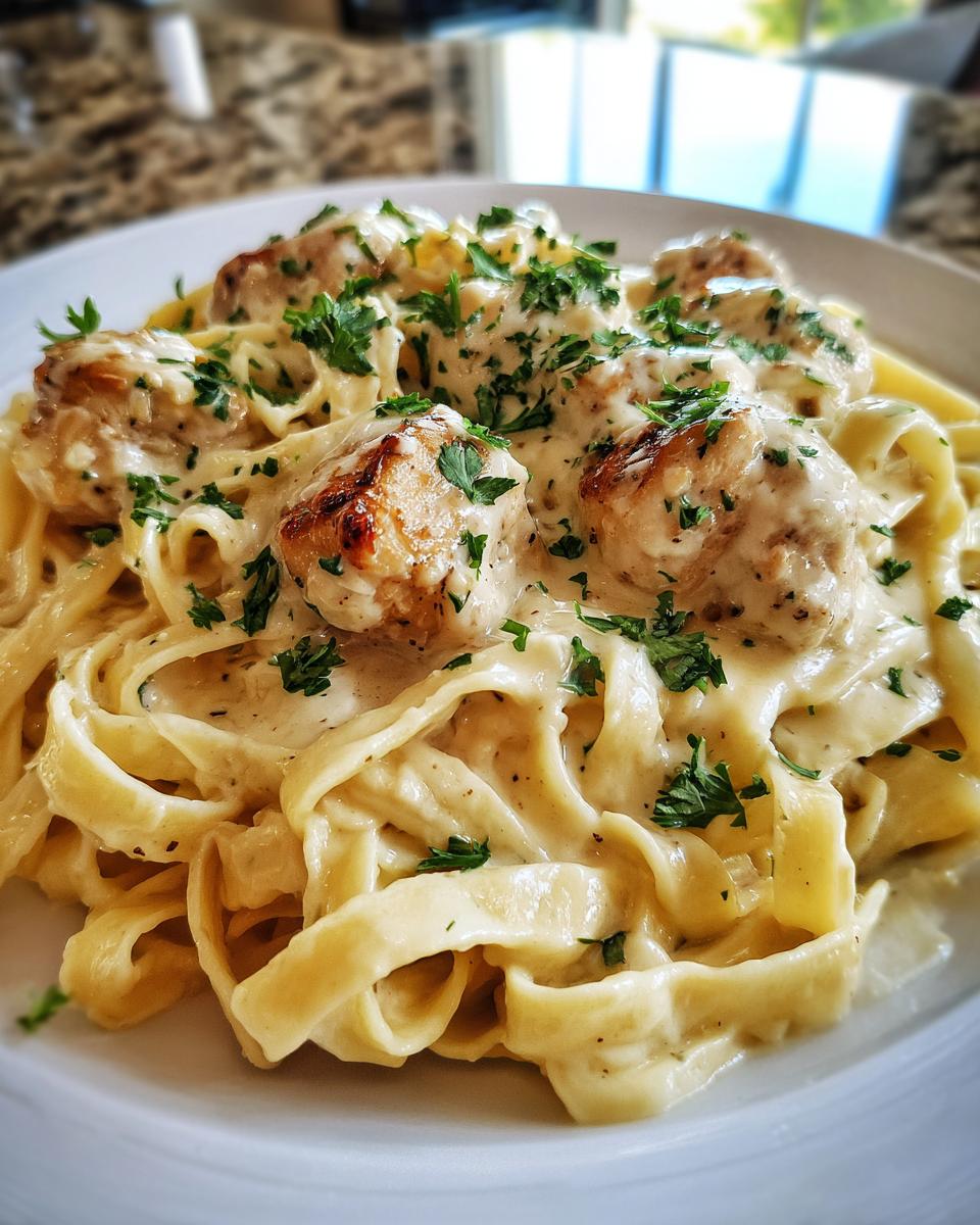 Close-up of creamy chicken pasta featuring seared chicken pieces over fettuccine noodles, topped with fresh parsley.