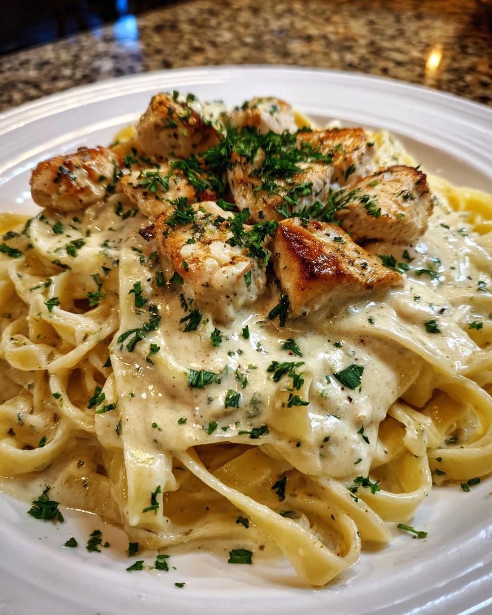 Close-up of creamy chicken pasta featuring fettuccine noodles, browned chicken pieces, and fresh parsley garnish.