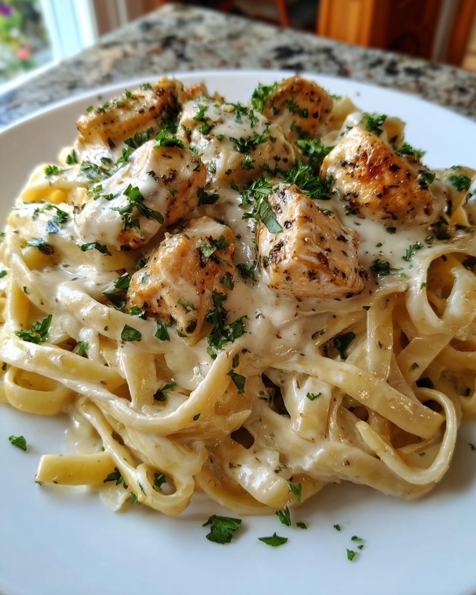 A close-up of creamy chicken pasta featuring fettuccine noodles, seasoned chicken pieces, and fresh parsley.