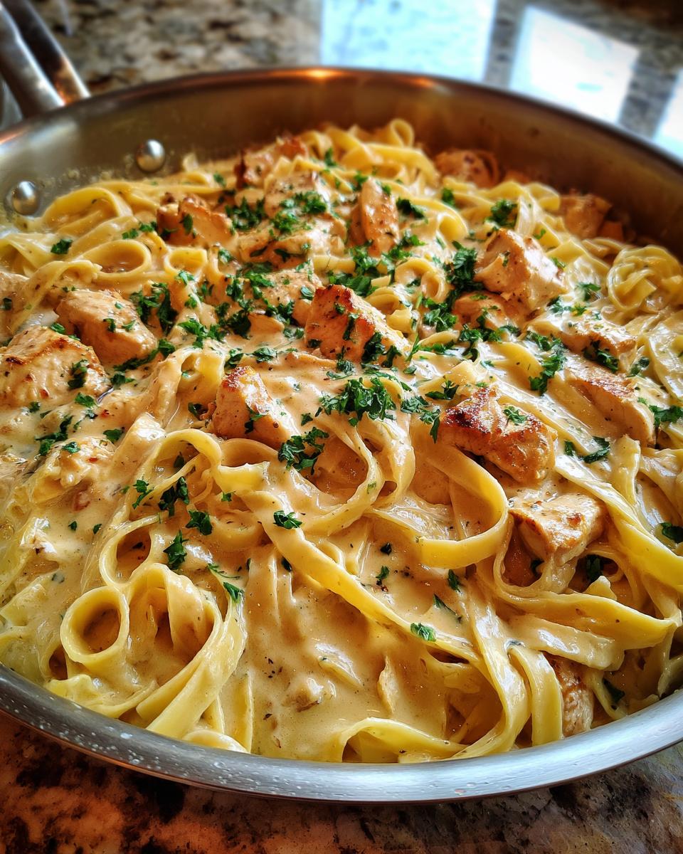 Close-up of creamy chicken pasta with fettuccine noodles and diced chicken, garnished with parsley in a skillet.