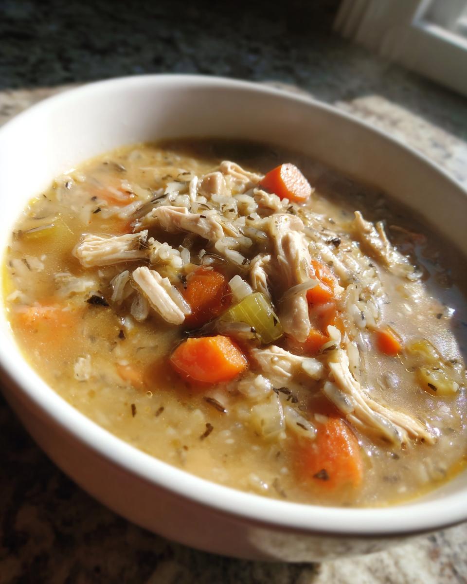 Close-up of a creamy chicken and wild rice soup with visible chunks of shredded chicken, carrots, and celery.