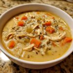 Close-up of creamy chicken wild rice soup with shredded chicken, carrots, and celery in a white bowl.