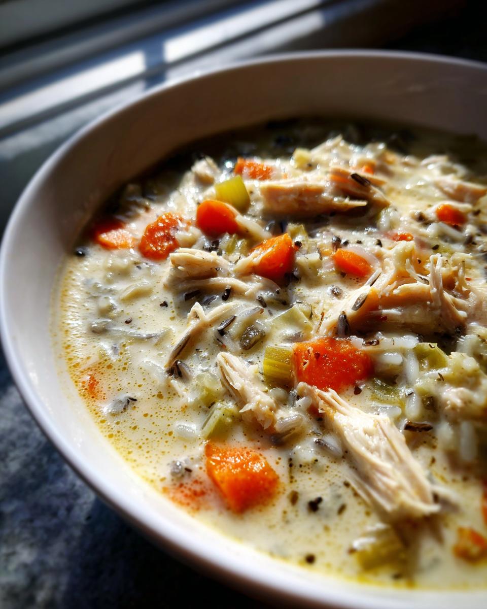 Close-up of a creamy chicken wild rice soup with chunks of carrot and celery.