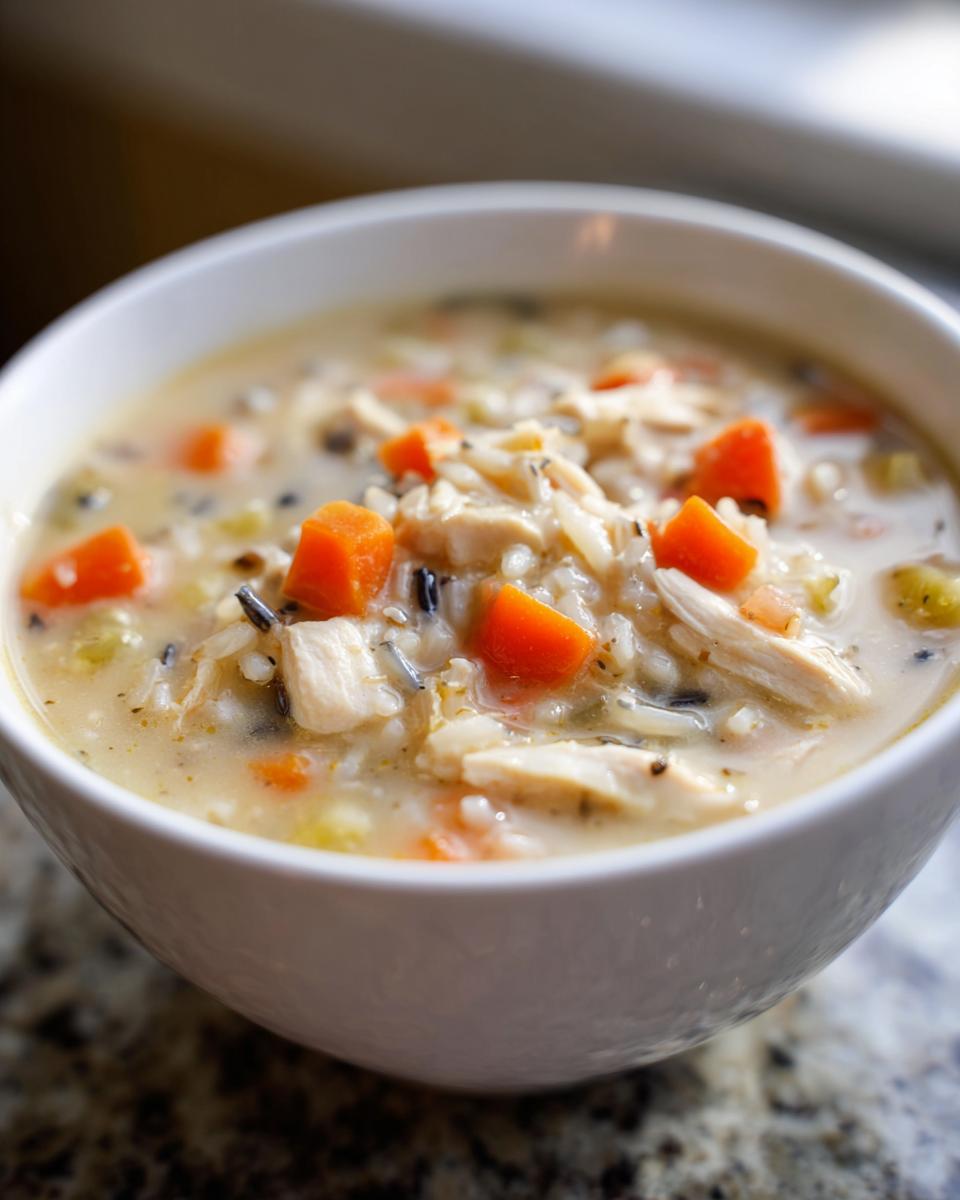 Close-up of a creamy chicken wild rice soup with visible chunks of bright orange carrots in a white bowl.