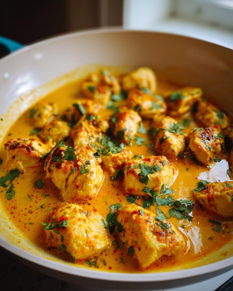 Close-up of tender chicken pieces simmering in a rich, yellow coconut chicken sauce, garnished with fresh cilantro.