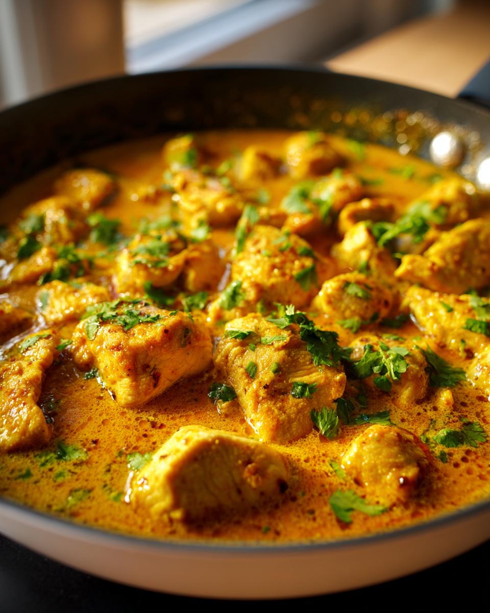 Close-up view of chunks of golden coconut chicken simmering in a rich, orange-yellow sauce, garnished with fresh cilantro.