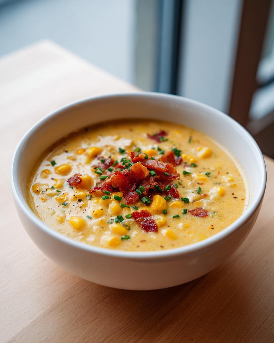 A close-up of a bowl of creamy corn chowder recipe, garnished generously with crispy bacon bits and fresh chives.