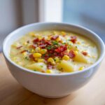 Close-up of a creamy bowl of corn chowder recipe topped generously with crispy bacon bits and fresh chives.