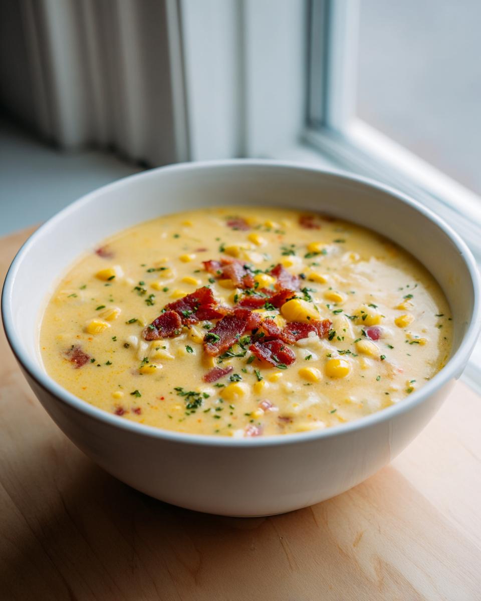 A creamy bowl of homemade corn chowder recipe garnished with crispy bacon pieces and fresh parsley.
