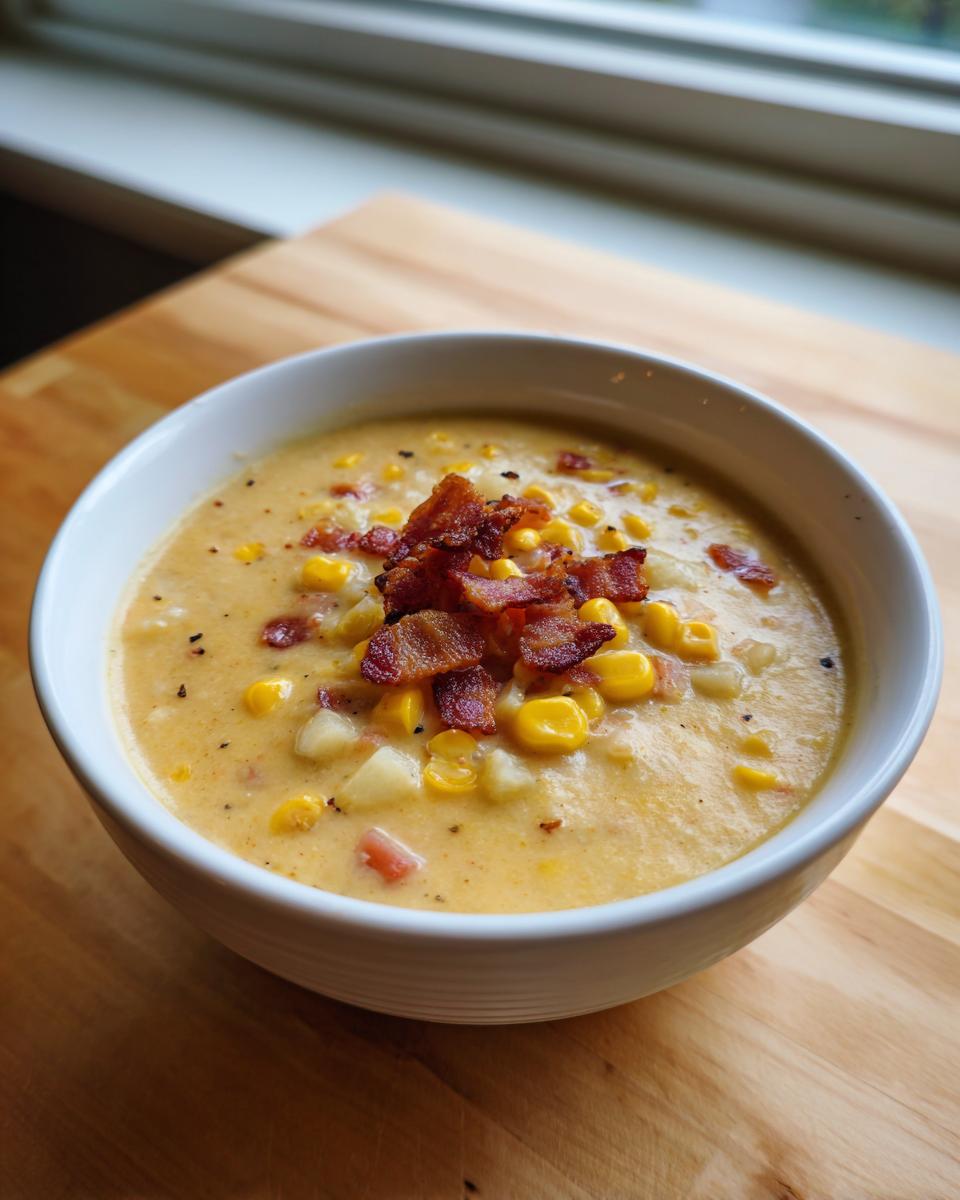 A close-up of a bowl of creamy corn chowder recipe topped generously with crispy bacon bits and whole corn kernels.