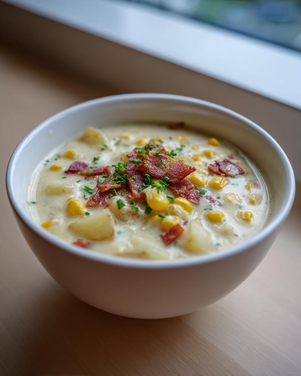A close-up of a bowl of creamy corn chowder recipe, garnished with crispy bacon bits and fresh chives.