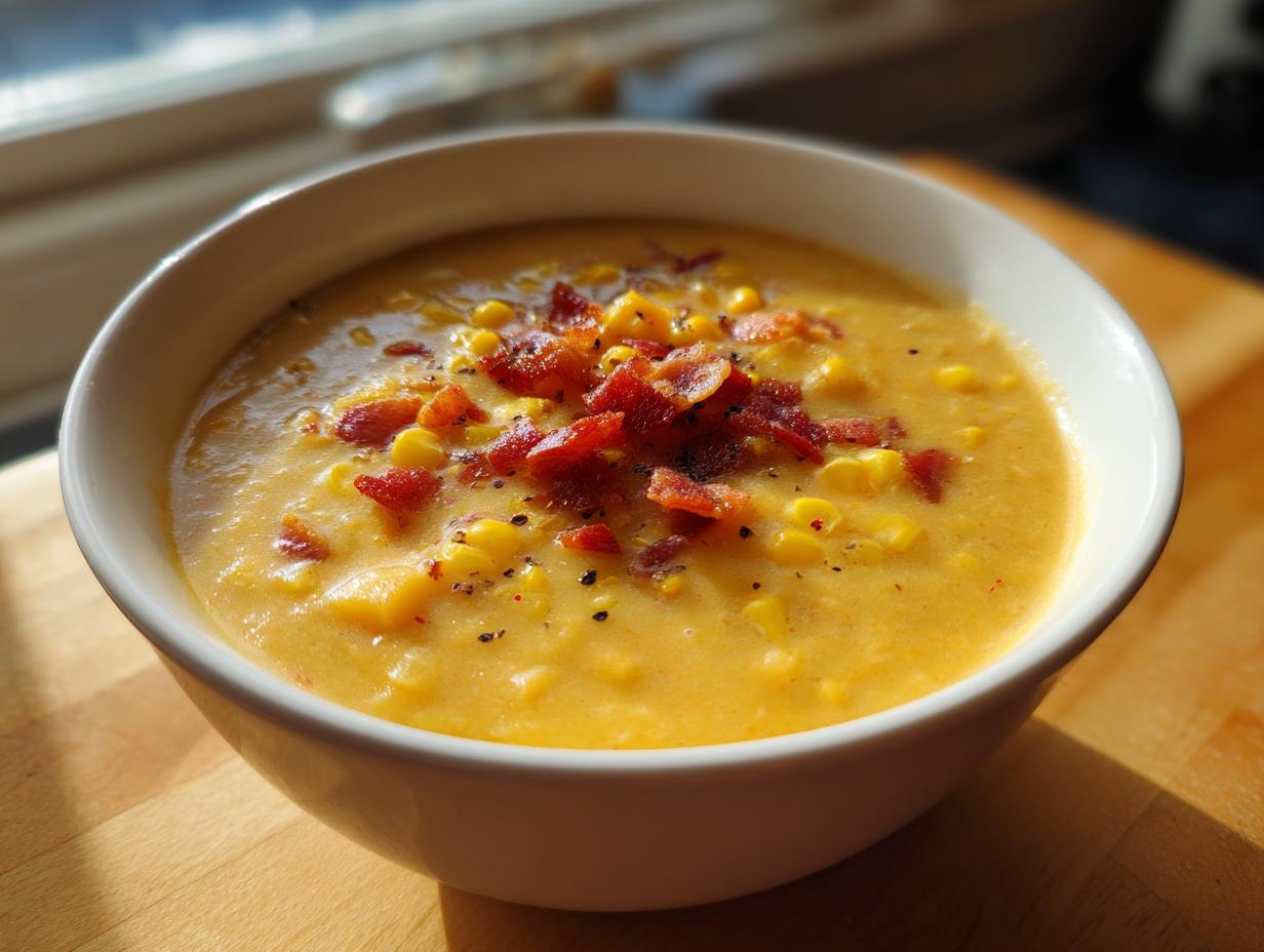 Close-up of a bowl of creamy corn chowder recipe topped with crispy bacon bits and black pepper.