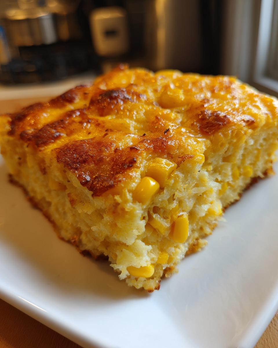 Close-up of a square slice of creamy corn side dish, showing visible kernels of corn and a golden-brown baked top.