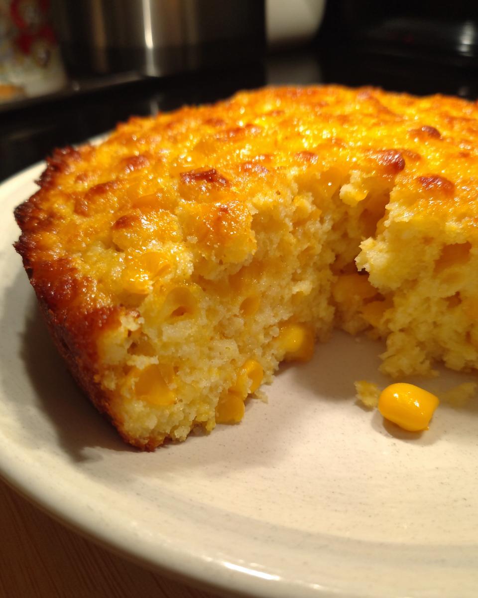 Close-up of a freshly baked, creamy corn side dish with a golden brown top, showing whole corn kernels inside.