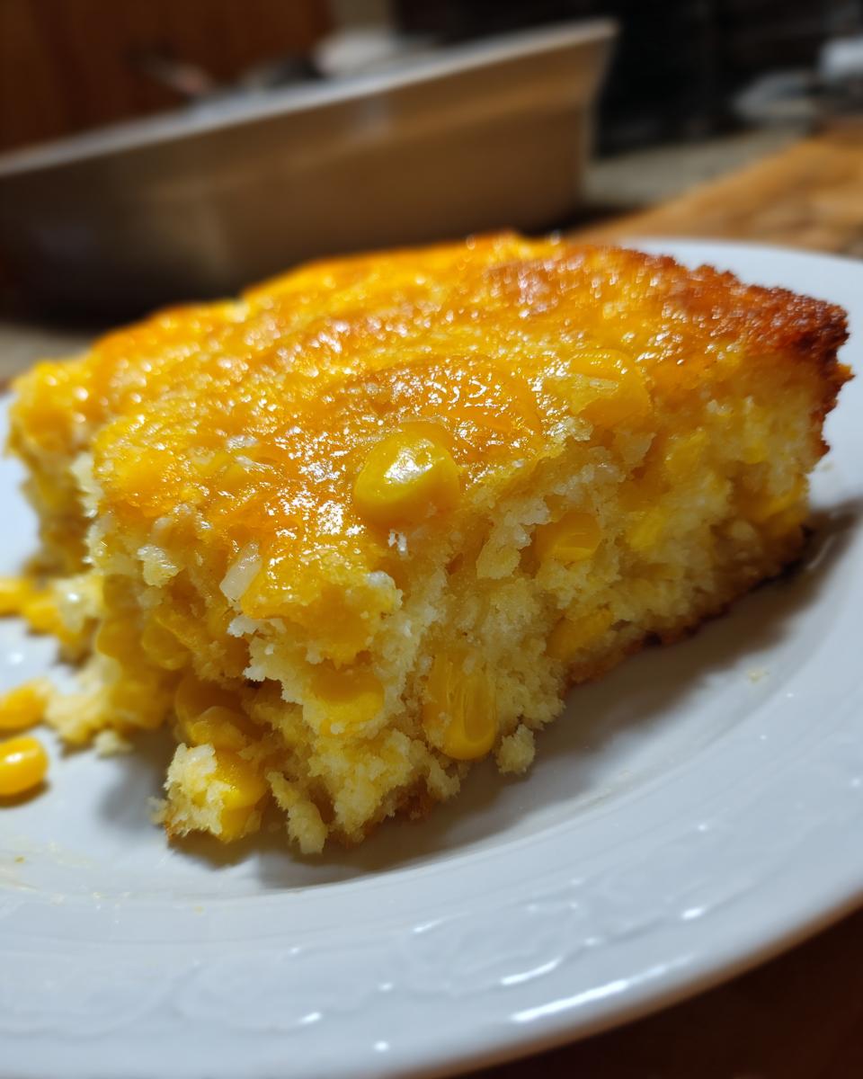 A close-up of a moist slice of creamy corn side dish, rich with whole corn kernels.