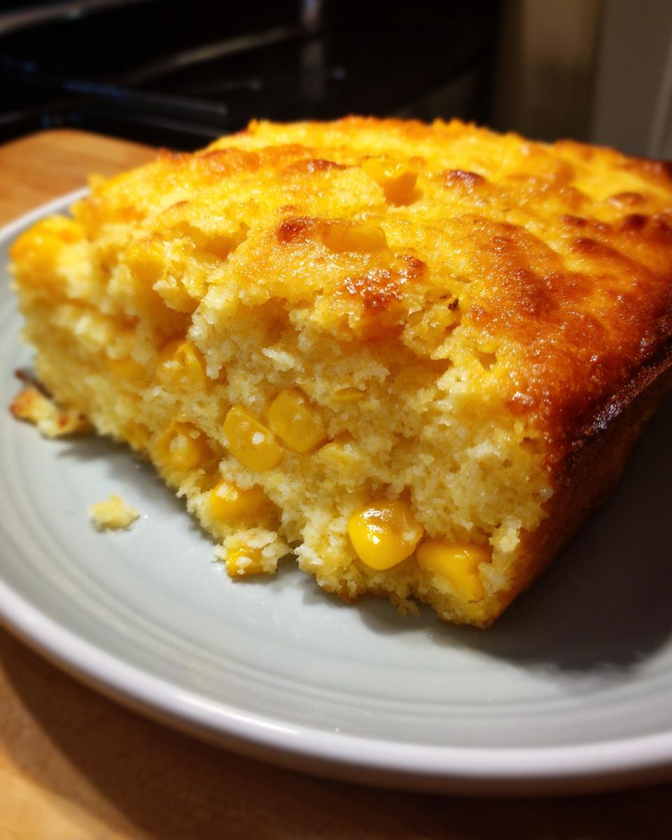 Close-up of a moist slice of creamy corn side dish, studded with bright yellow corn kernels.