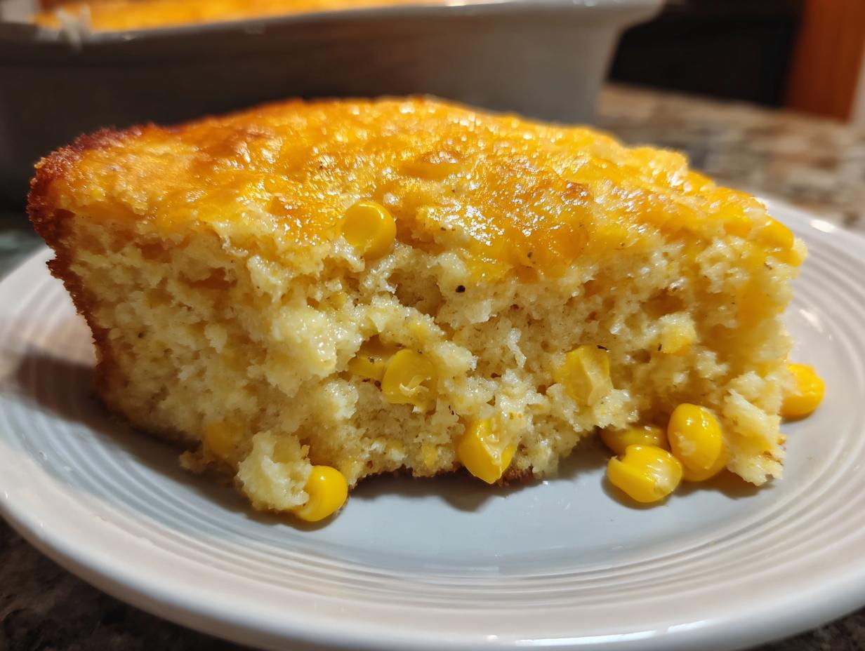 Close-up of a moist slice of creamy corn side dish, showing whole corn kernels embedded in the bread.
