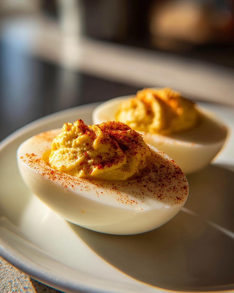 Close-up of two creamy deviled eggs, piped high and dusted generously with paprika.