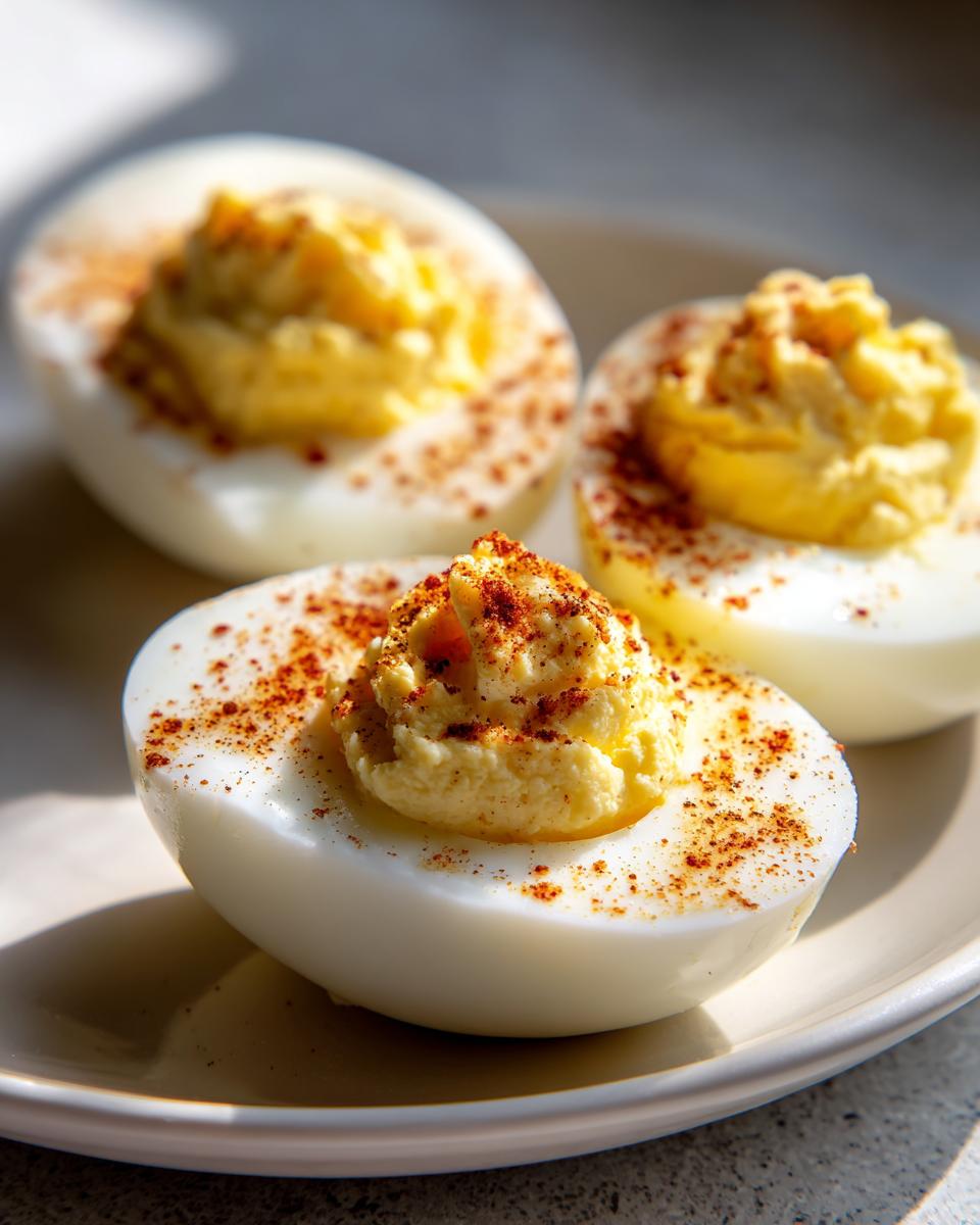 Close-up of three creamy deviled eggs, piped with filling and sprinkled with paprika, on a white plate.