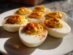 Close-up of six creamy deviled eggs topped with paprika, ready to serve.