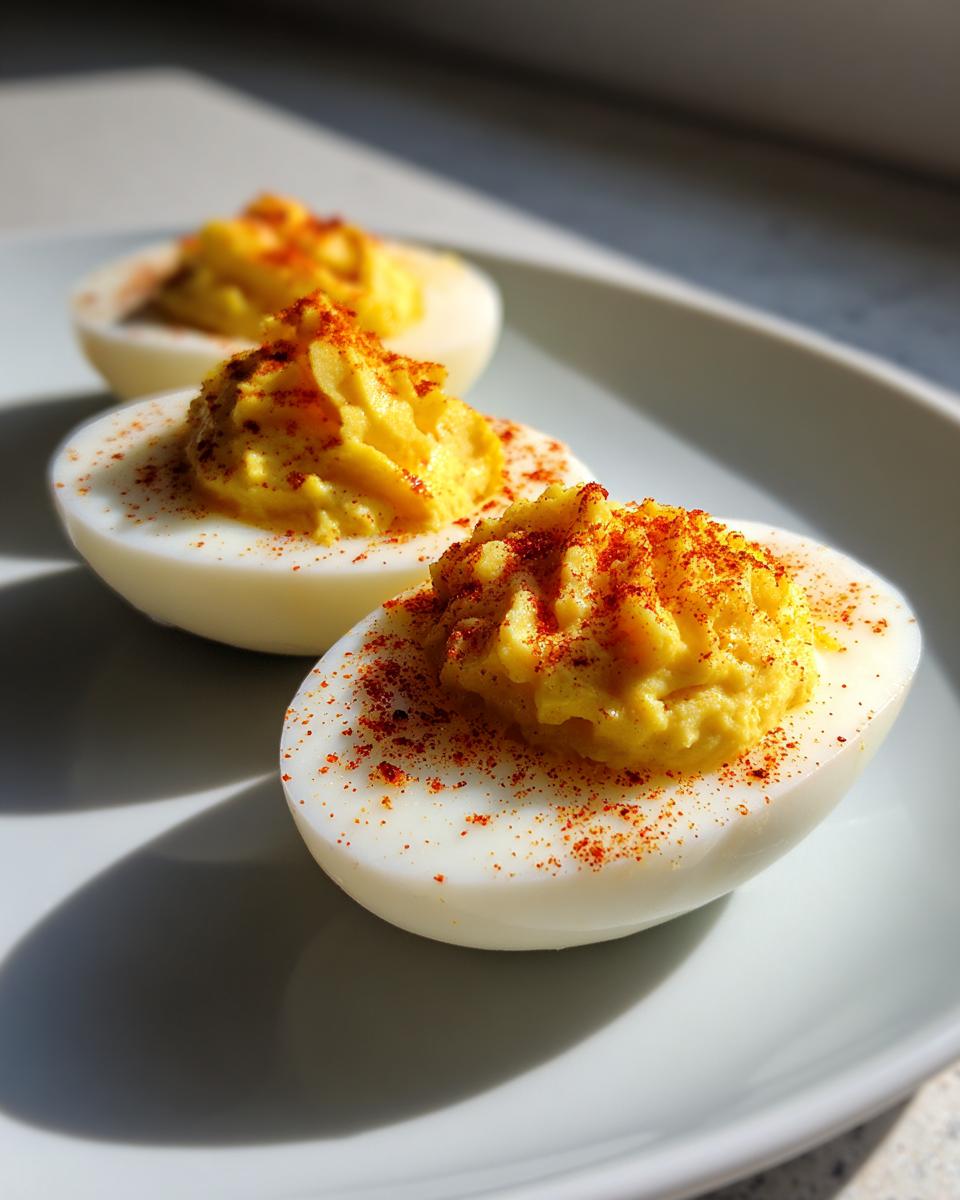 Close-up of three perfectly piped deviled eggs sprinkled with paprika, showcasing the creamy filling.