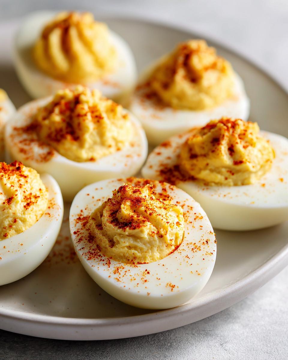 Close-up of creamy deviled eggs piped high with filling and dusted generously with paprika.