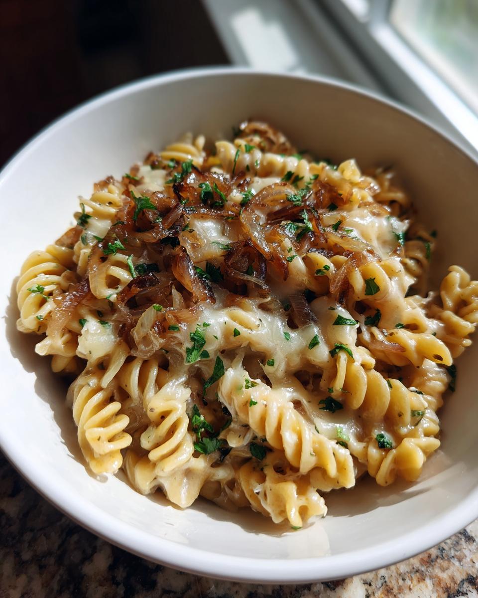 A close-up of creamy french onion pasta made with rotini, topped with melted cheese and caramelized onions.