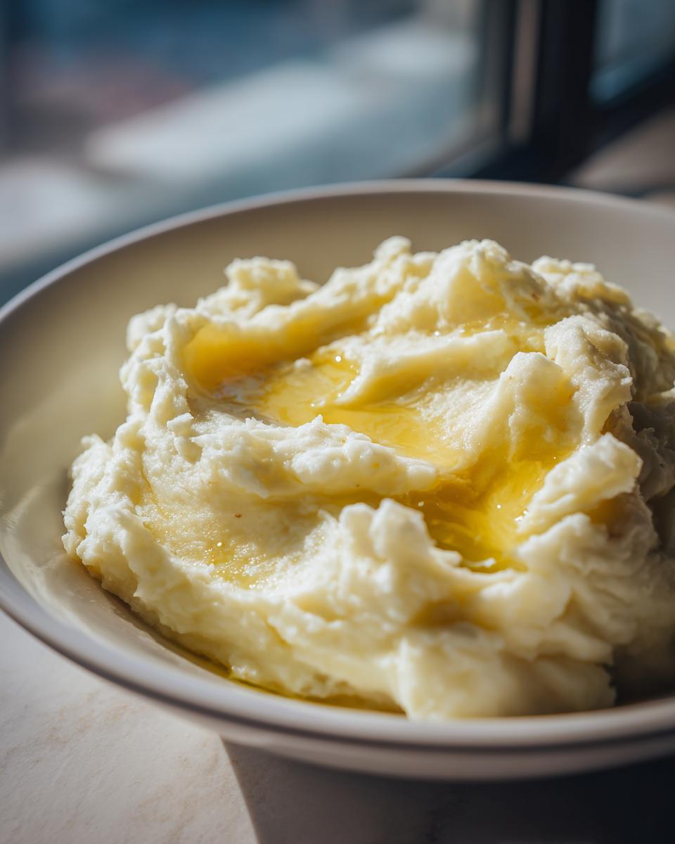 Close-up of creamy garlic mashed potatoes topped with a pool of melted butter in a white bowl.