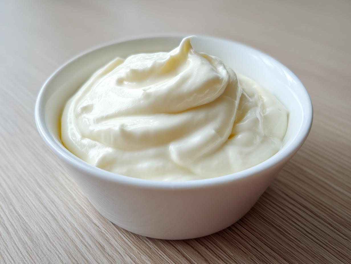 A close-up of thick, creamy homemade garlic sauce swirled high in a small white bowl.