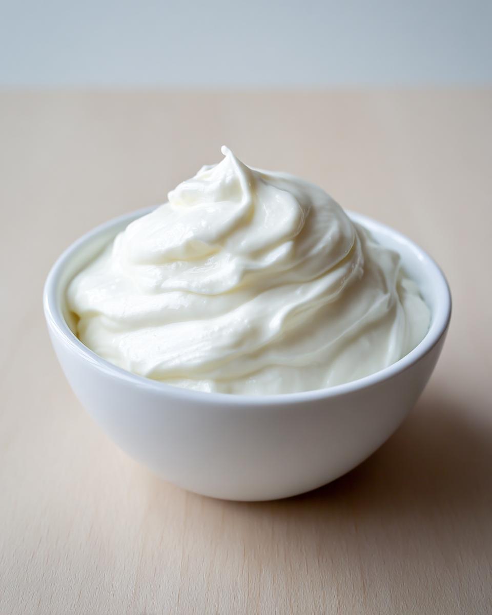 A close-up of thick, white, creamy homemade garlic sauce swirled high in a small white bowl.