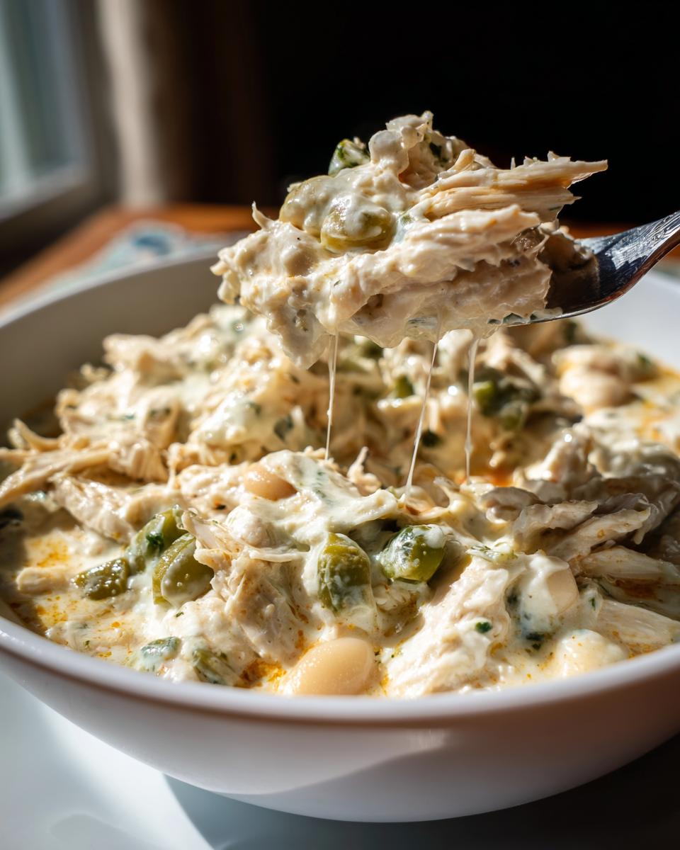 A fork lifts a creamy, shredded portion of instant pot white chicken chili, showing cheese pulls and green chiles.