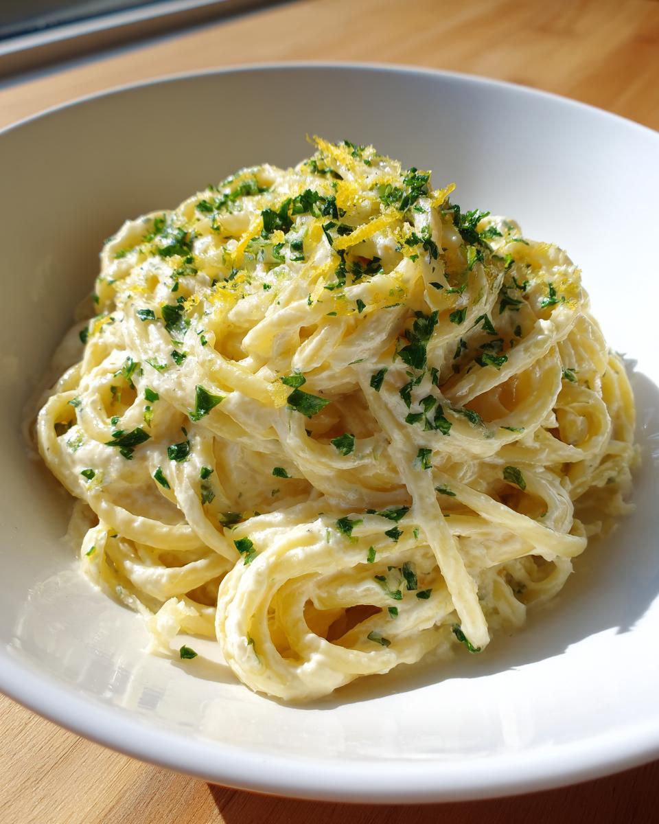 A close-up of a white bowl filled with creamy lemon pasta, topped generously with fresh parsley and bright yellow lemon zest.