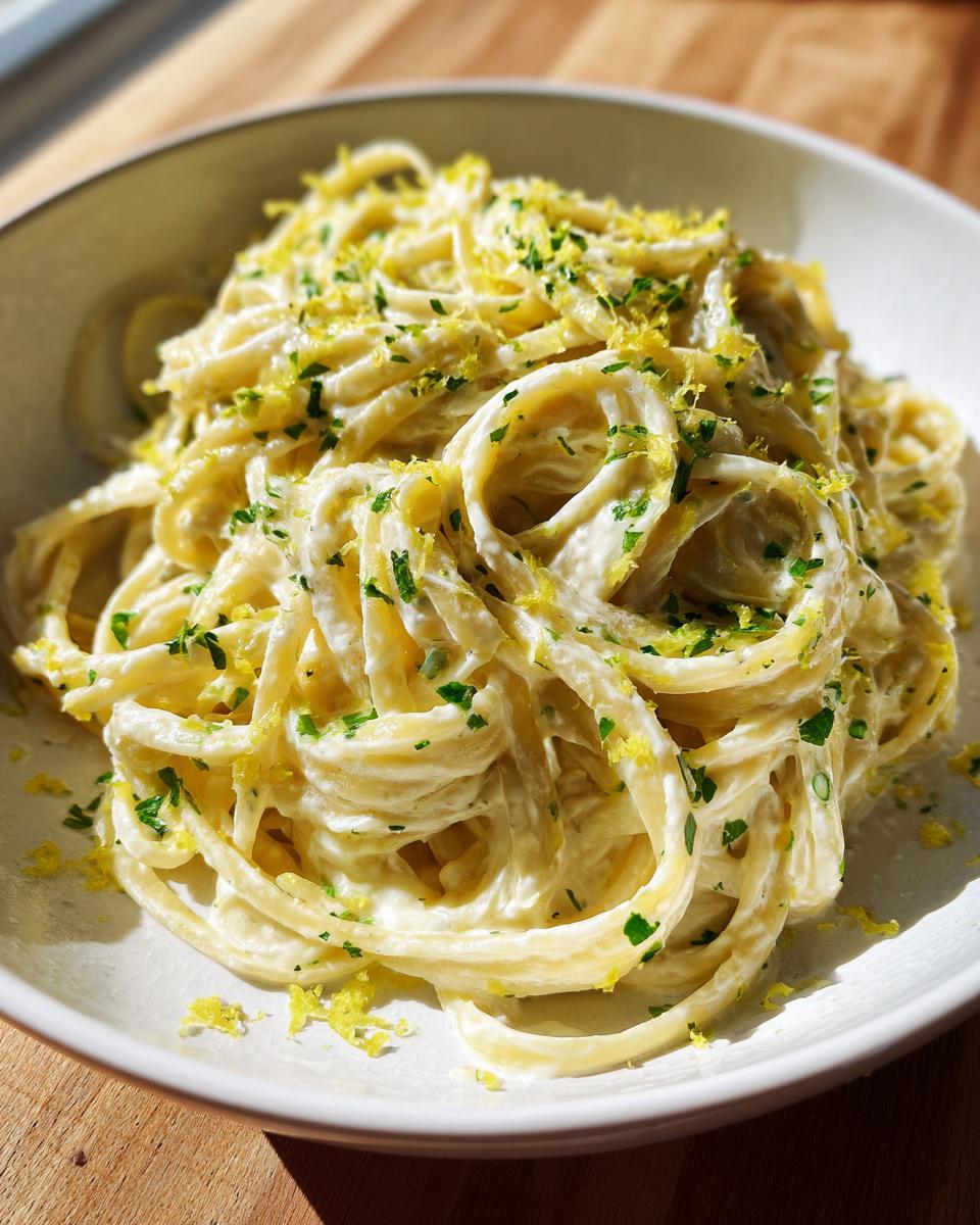 Close-up of a bowl of creamy lemon pasta coated in a rich sauce, topped with bright yellow lemon zest and chopped green parsley.