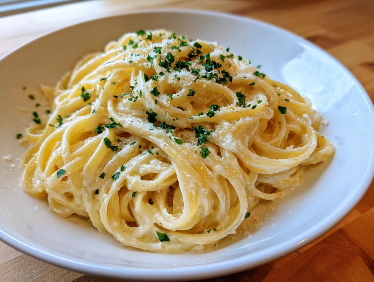 A close-up shot of a white bowl filled with rich, creamy lemon pasta, topped with grated cheese and fresh chopped parsley.
