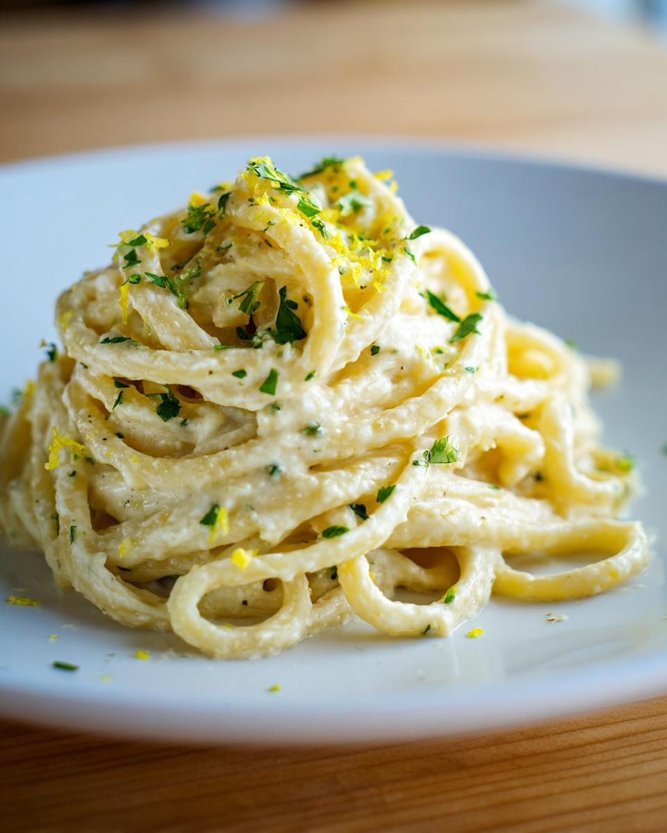 Close-up of a perfectly twirled serving of creamy lemon pasta, topped with bright yellow lemon zest and chopped fresh parsley.