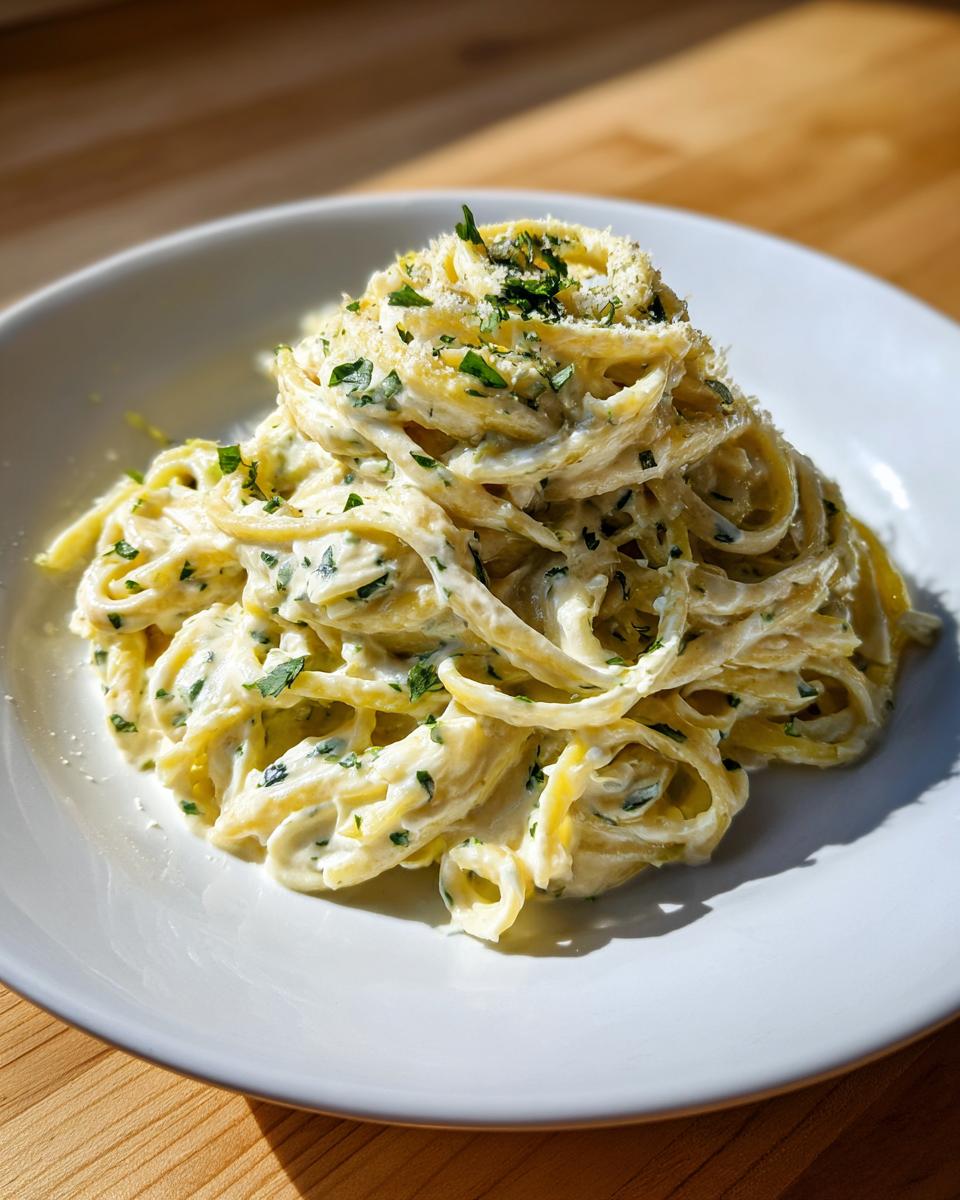 A beautifully plated mound of creamy lemon pasta, topped with grated cheese and fresh chopped parsley.