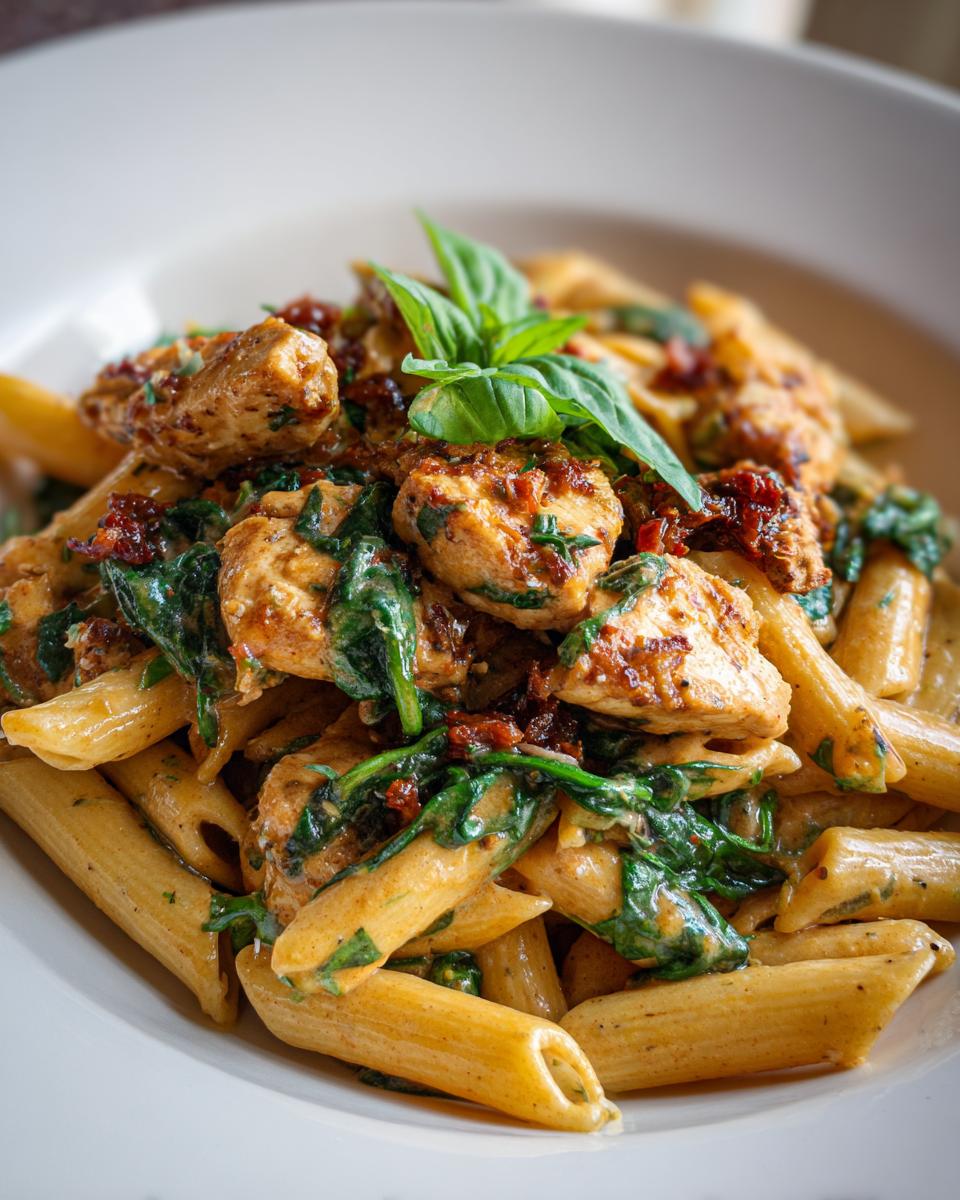 Close-up of creamy Marry Me Chicken Pasta featuring penne, seasoned chicken pieces, wilted spinach, and sun-dried tomatoes, garnished with fresh basil.