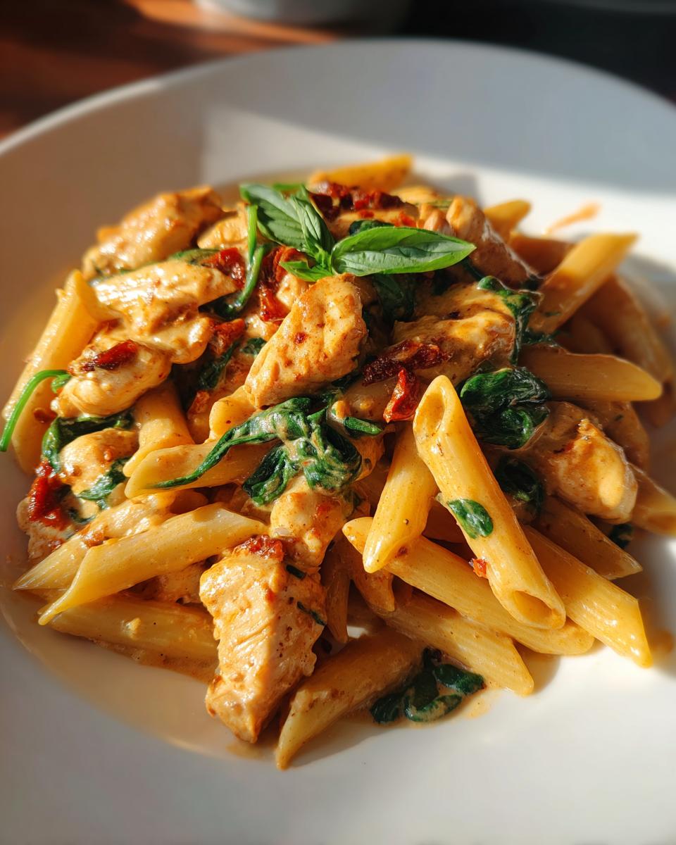 Close-up of creamy Marry Me Chicken Pasta featuring penne, diced chicken, spinach, and sun-dried tomatoes, garnished with basil.