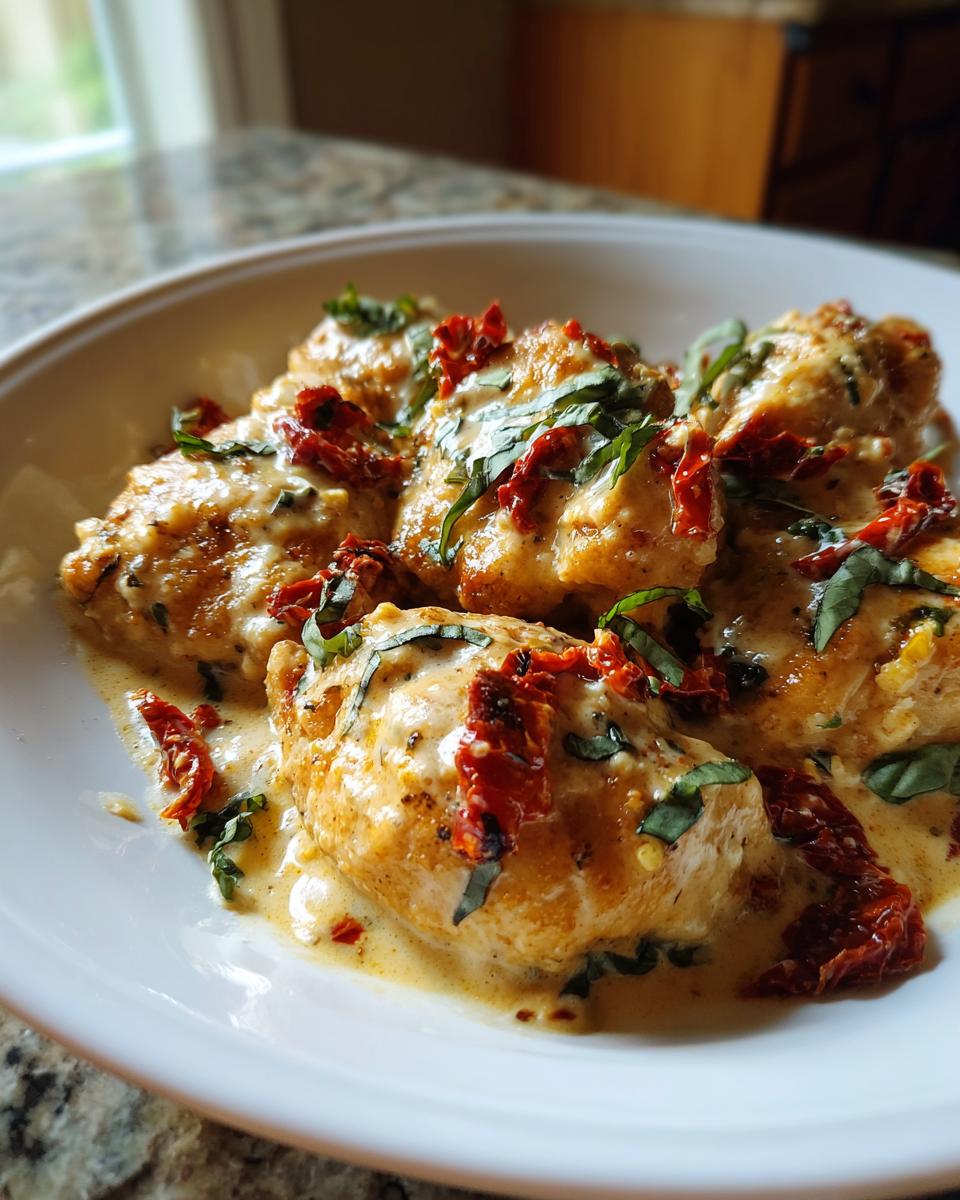 Close-up of creamy Marry Me Chicken breasts topped with sun-dried tomatoes and fresh basil.