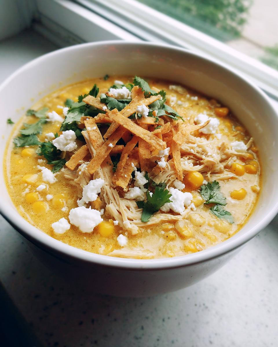 A close-up of a bowl of creamy mexican street corn soup, topped with shredded chicken, crispy tortilla strips, cotija cheese, and cilantro.