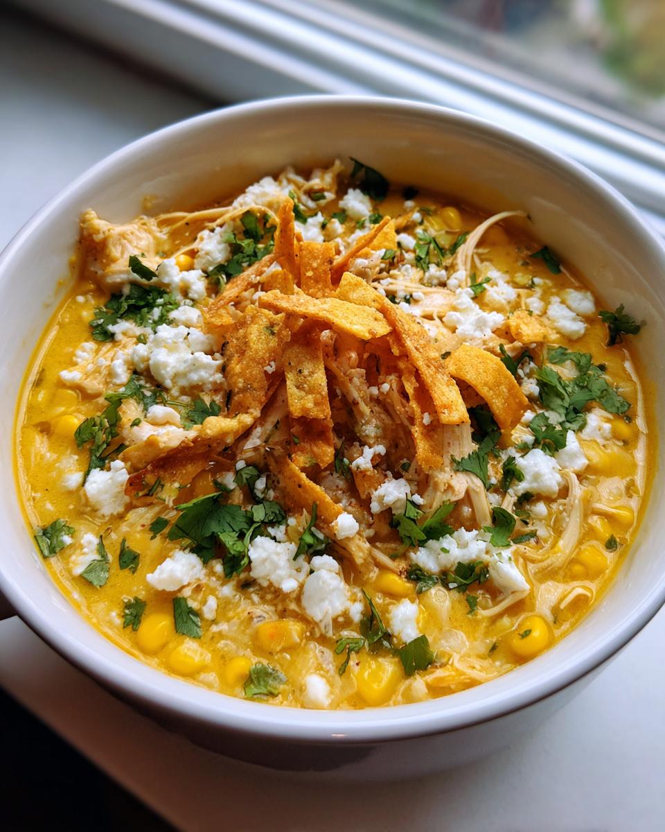 A close-up of a bowl of creamy mexican street corn soup loaded with corn kernels, shredded chicken, cotija cheese, and tortilla strips.