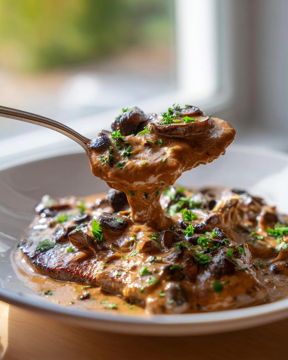 A spoonful of rich, brown mushroom sauce, loaded with sliced mushrooms and parsley, drips back onto a serving below.