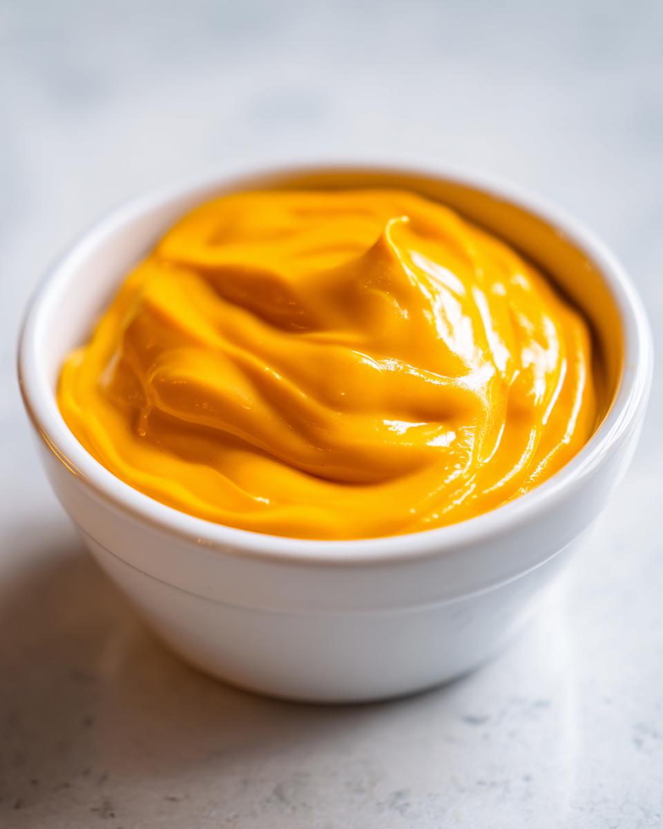 Close-up of rich, bright orange nacho cheese sauce swirled beautifully in a small white dipping bowl.