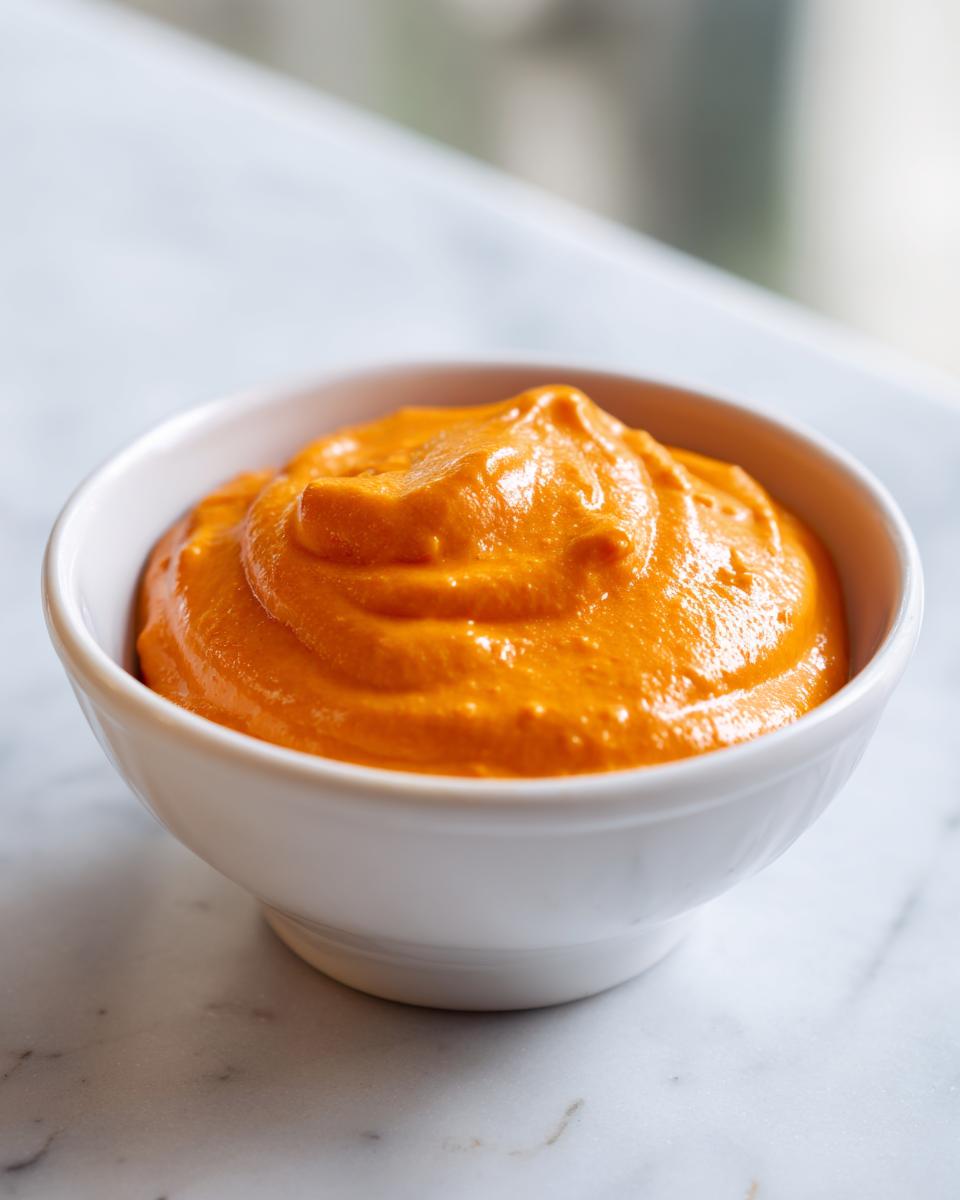 A close-up of thick, bright orange nacho cheese sauce served in a small white bowl on a marble surface.