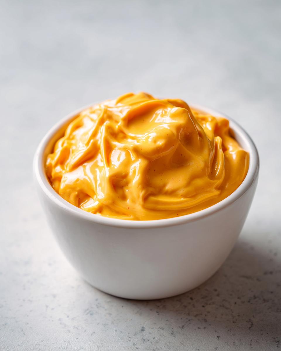A close-up of thick, vibrant orange nacho cheese sauce swirled in a small white bowl.