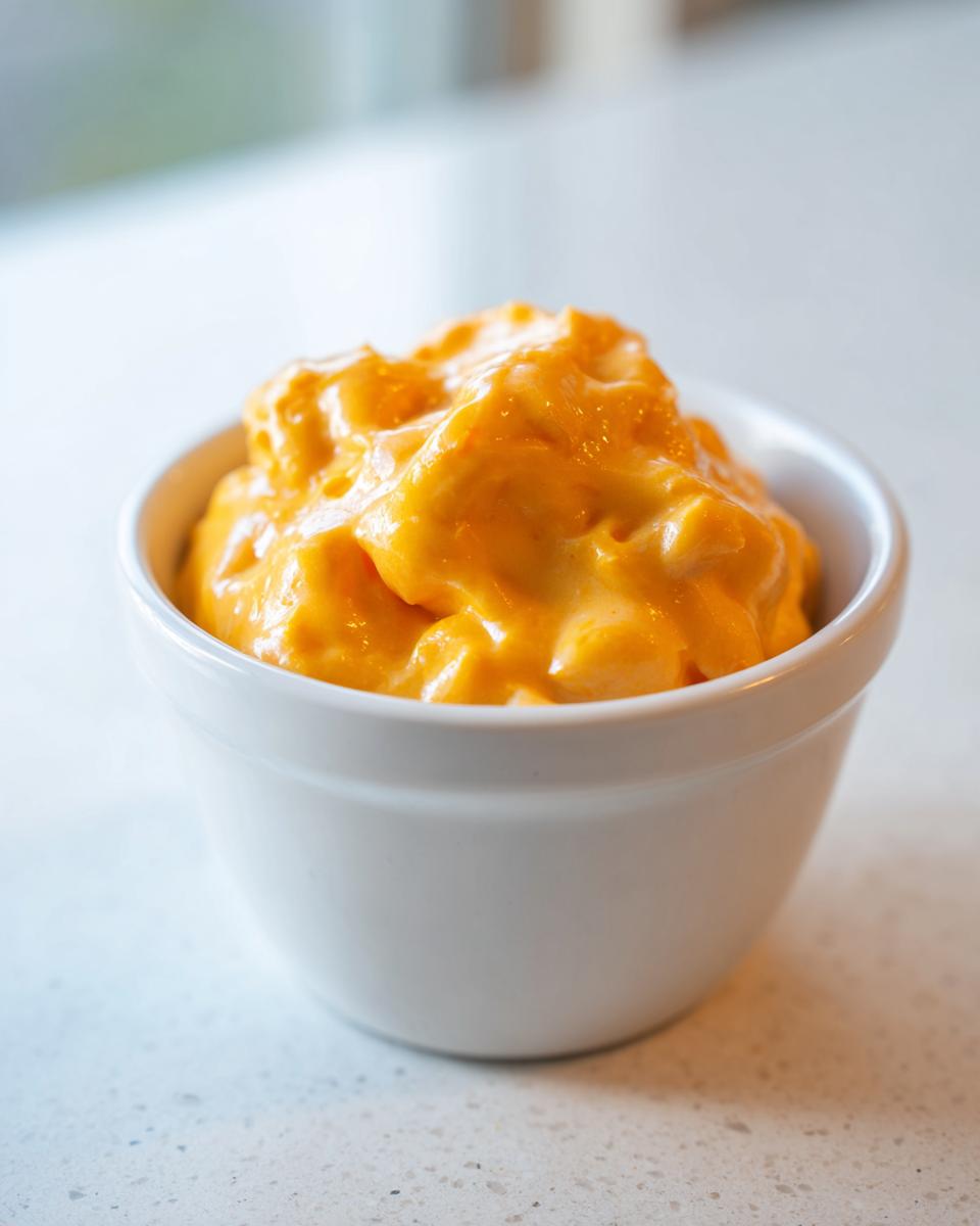 A close-up of thick, bright orange nacho cheese sauce served in a small white ramekin on a light countertop.